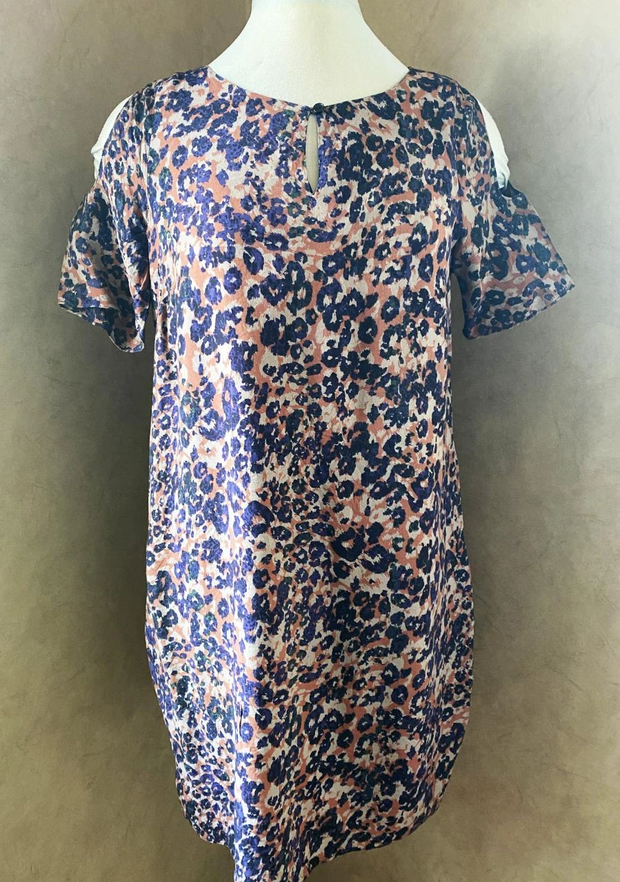 Robe fluide Sud Express T40 imprimé rose&bleu – soie&viscose, épaules ajourées